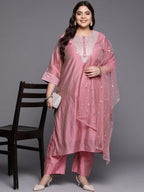 Sztori Plus Size Floral Embroidered Regular Chanderi Silk Kurta & Trousers With Dupatta | Grocsy
