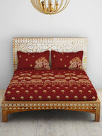 SPACES Red & Yellow Ethnic Motifs Cotton 210 TC King Bedsheet With 2 Pillow Covers | Grocsy