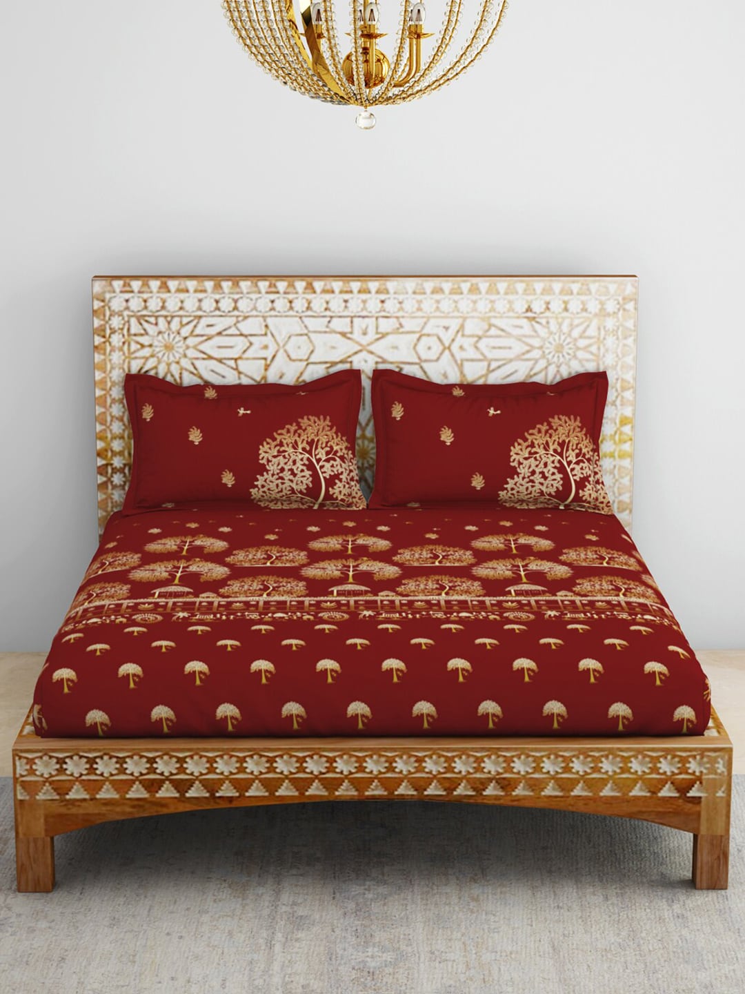 SPACES Red & Yellow Ethnic Motifs Cotton 210 TC King Bedsheet With 2 Pillow Covers | Grocsy