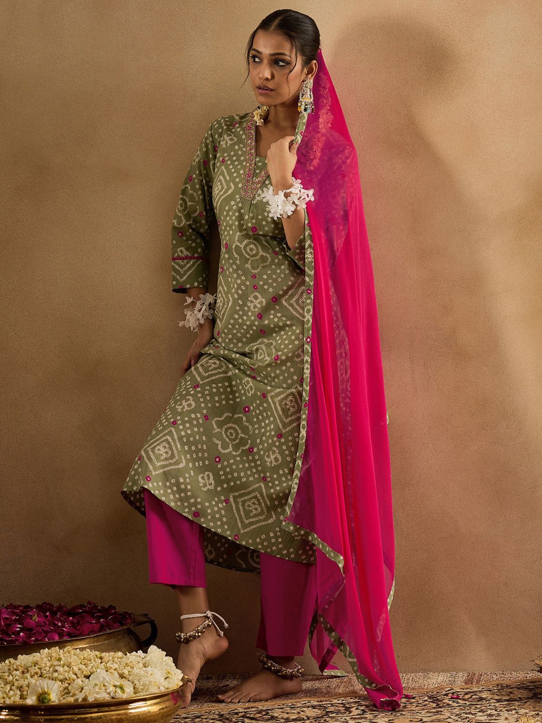 Indo Era Bandhani Printed Pure Cotton Kurta With Trousers & Dupatta | Grocsy