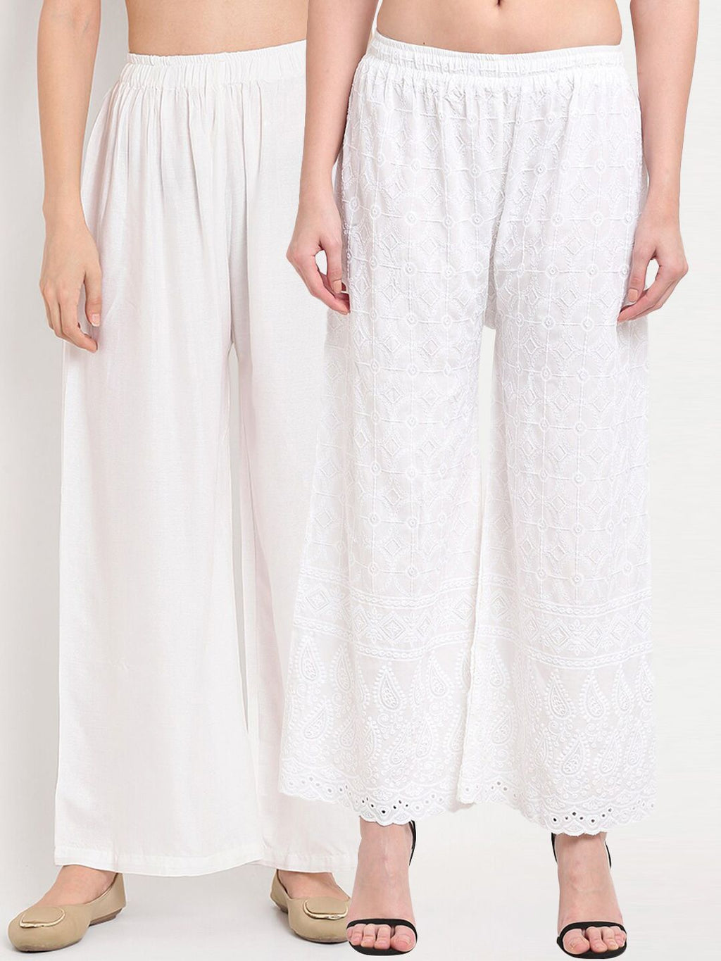 TAG 7 Pack Of 2 Women White Embroidered Palazzos | Grocsy