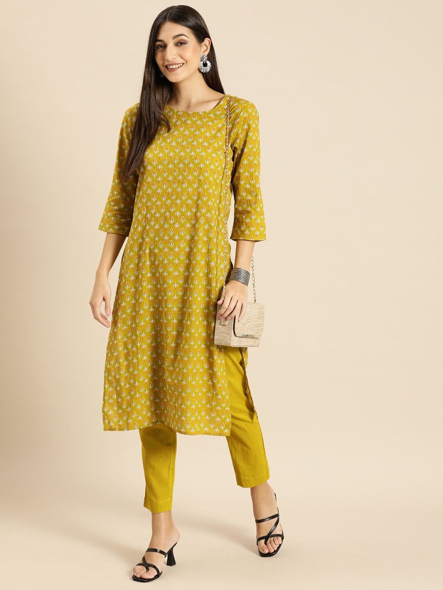 All About You Women Olive Green Ethnic Motifs Print Pure Cotton Kurta with Trousers | Grocsy