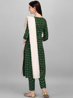 HERE&NOW Green & White Geometric Printed Pure Cotton Kurta With Trousers & Dupatta | Grocsy