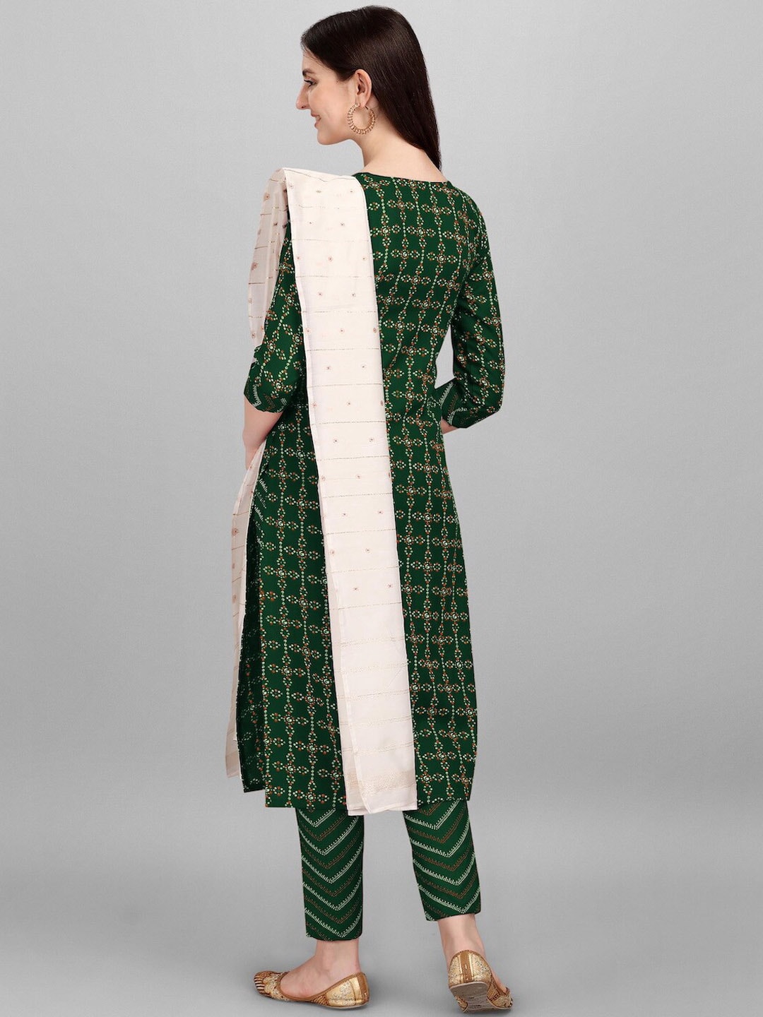HERE&NOW Green & White Geometric Printed Pure Cotton Kurta With Trousers & Dupatta | Grocsy