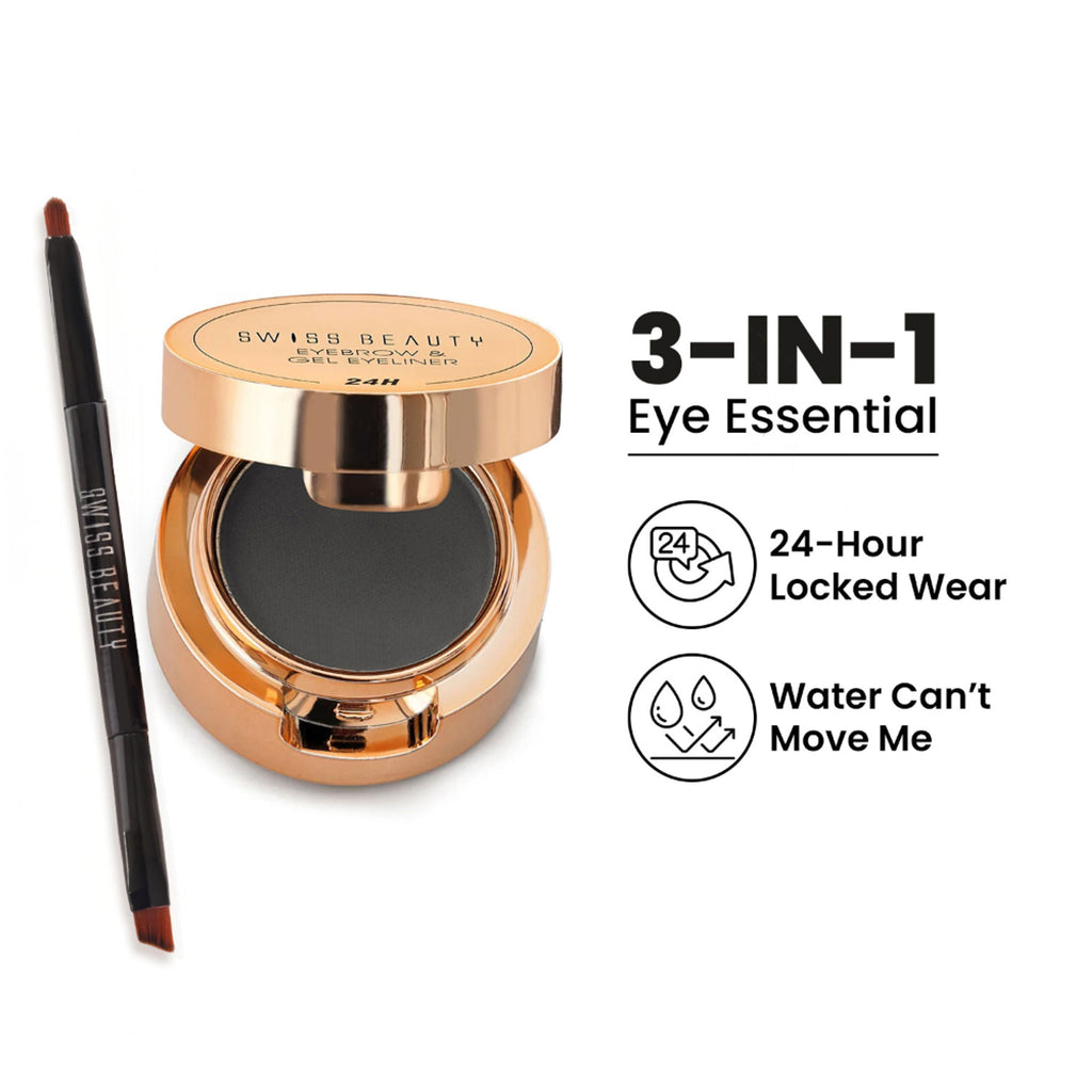 Swiss Beauty 3 In 1 Eyeliner, Eyebrow Filler and Kajal , 24-Hour Stay ,Waterproof - 01 Black | Grocsy