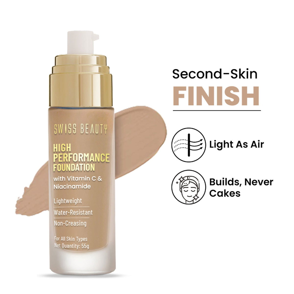 Swiss Beauty High Performance Foundation With Vitamin C & Niacinamide Light-Weight - 06 Medium Beige | Grocsy