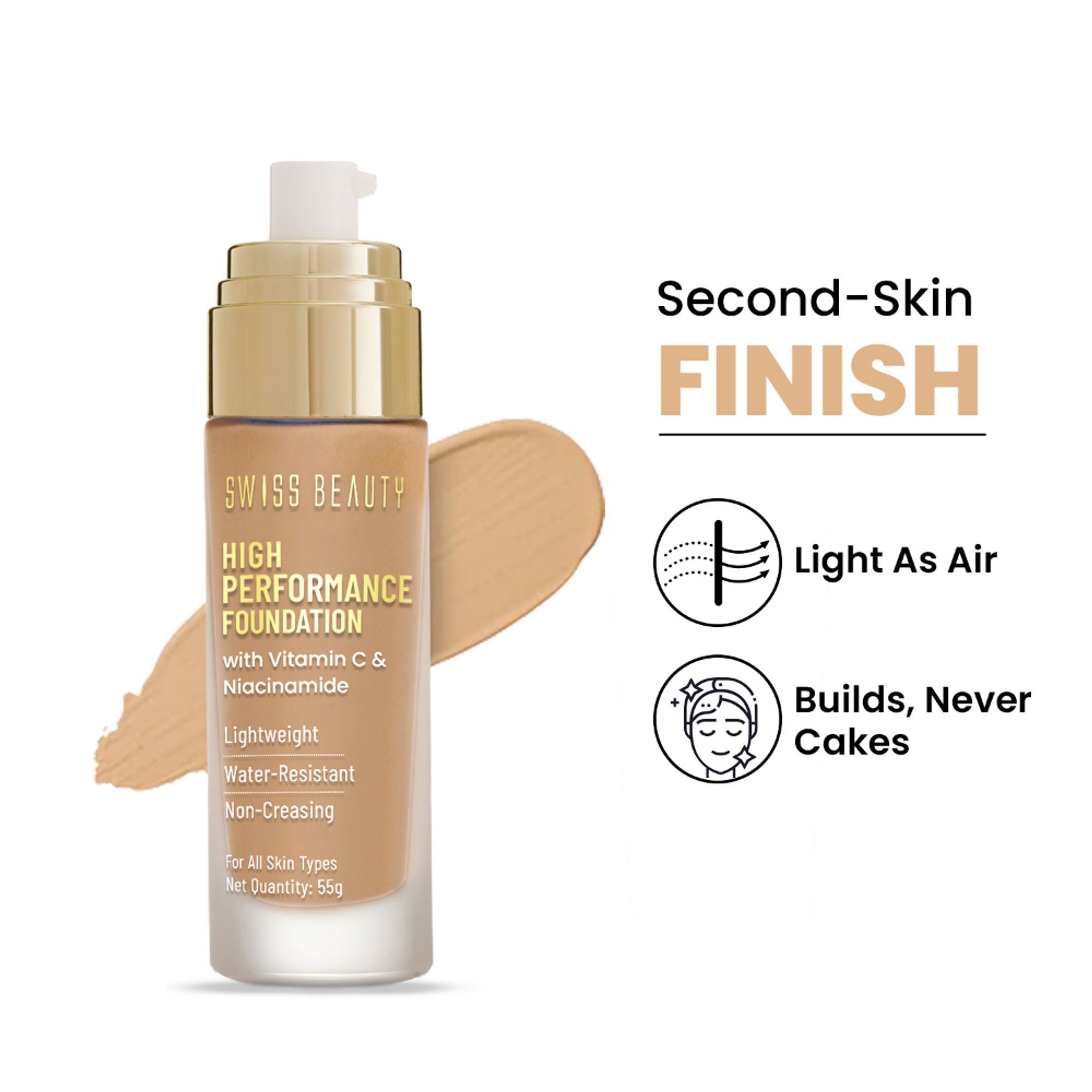 Swiss Beauty High Performance Foundation With Vitamin C & Niacinamide Light-Weight - 07 Natural Buff | Grocsy