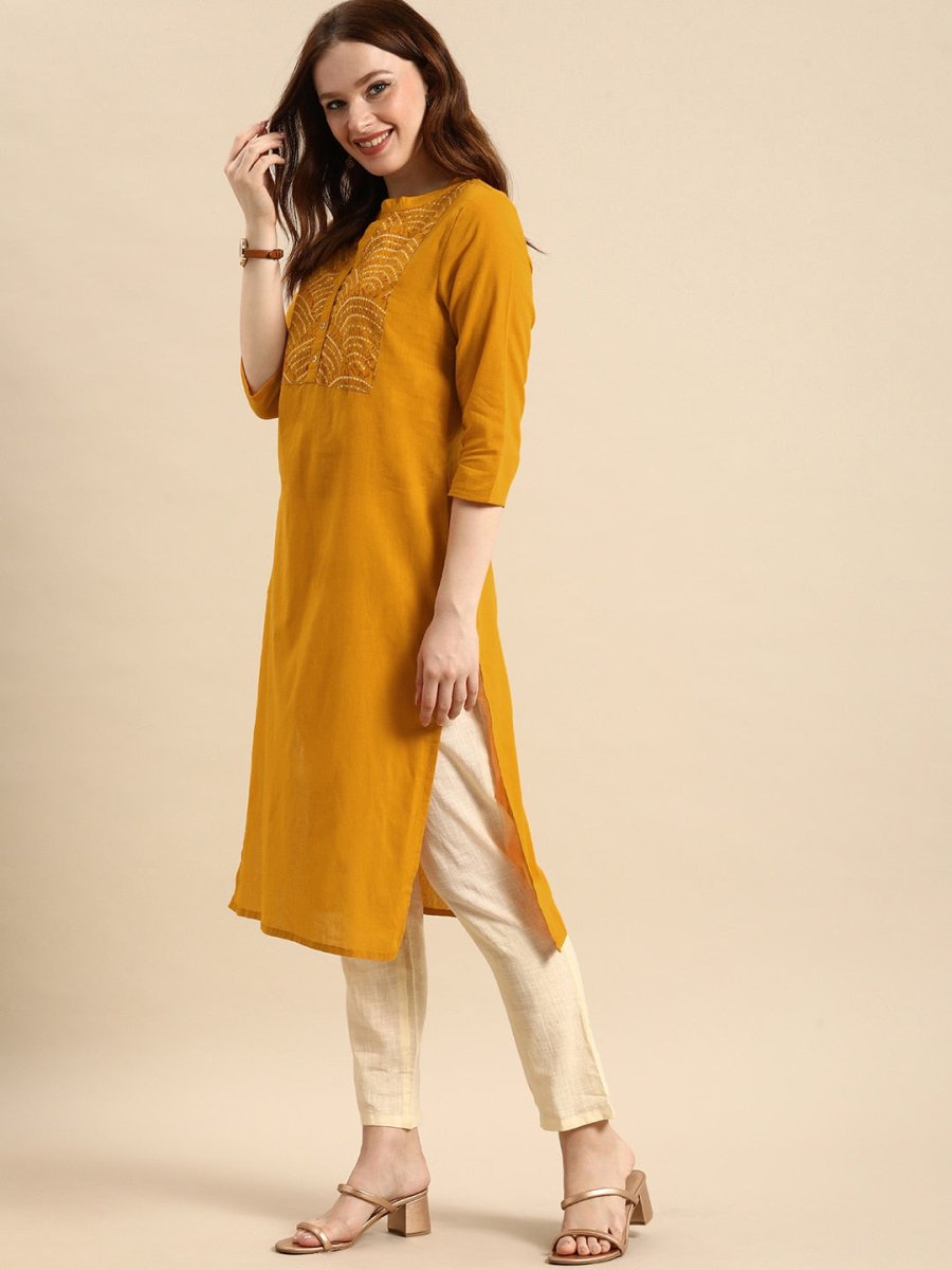 All About You Women Yellow Bandhani Yoke Design Pure Cotton Kurta | Grocsy