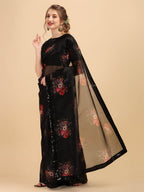Sangria Black & Coral Floral Sequinned Organza Celebrity Saree | Grocsy