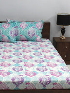 BOMBAY DYEING Pink & Blue Ethnic Motifs Cotton 110 TC Queen Bedsheet With 2 Pillow Covers | Grocsy