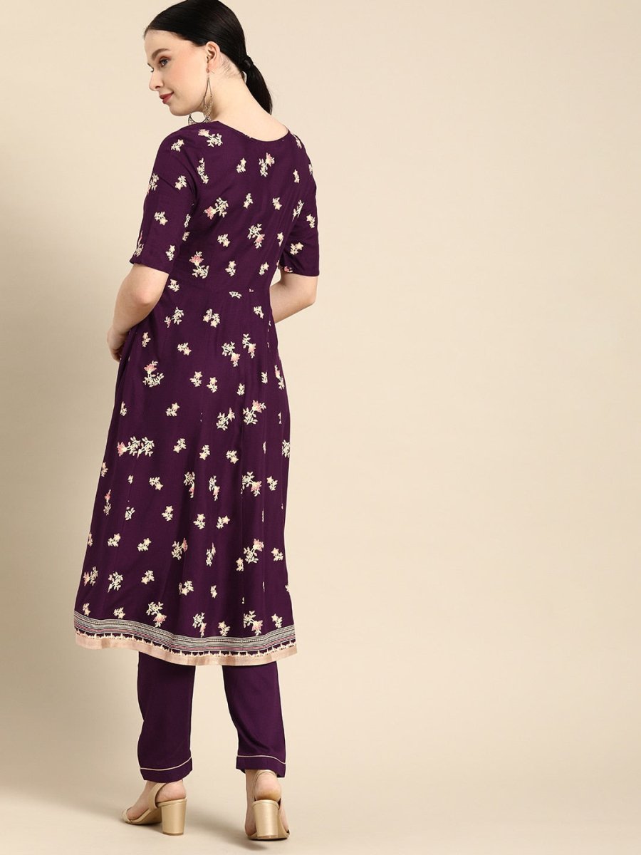 All About You Women Purple Floral Print Regular Kurta with Trousers | Grocsy