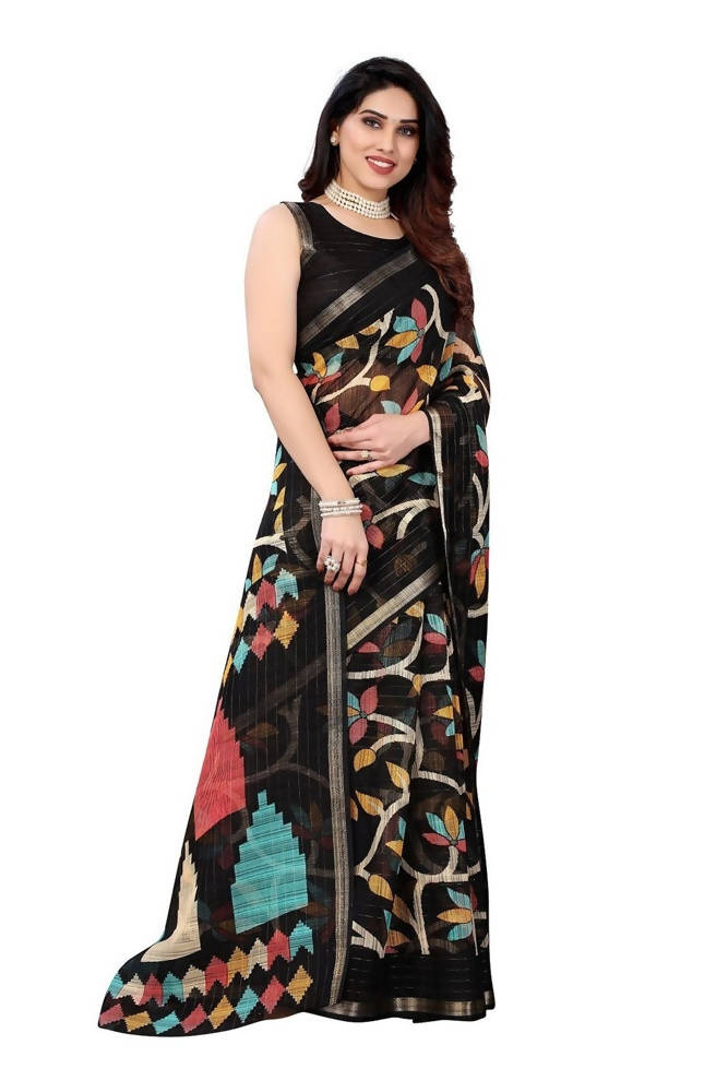 Vamika Black Linen Zari Border Saree | Grocsy