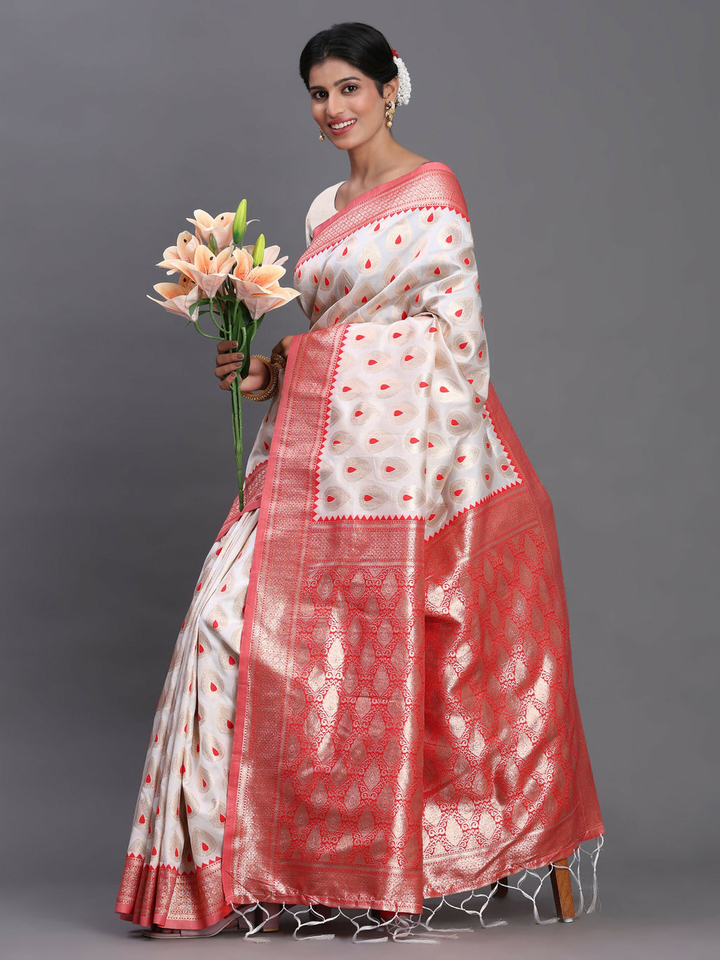 Shree Shyam Fashion Banarasi Silk Red & White Saree | Grocsy