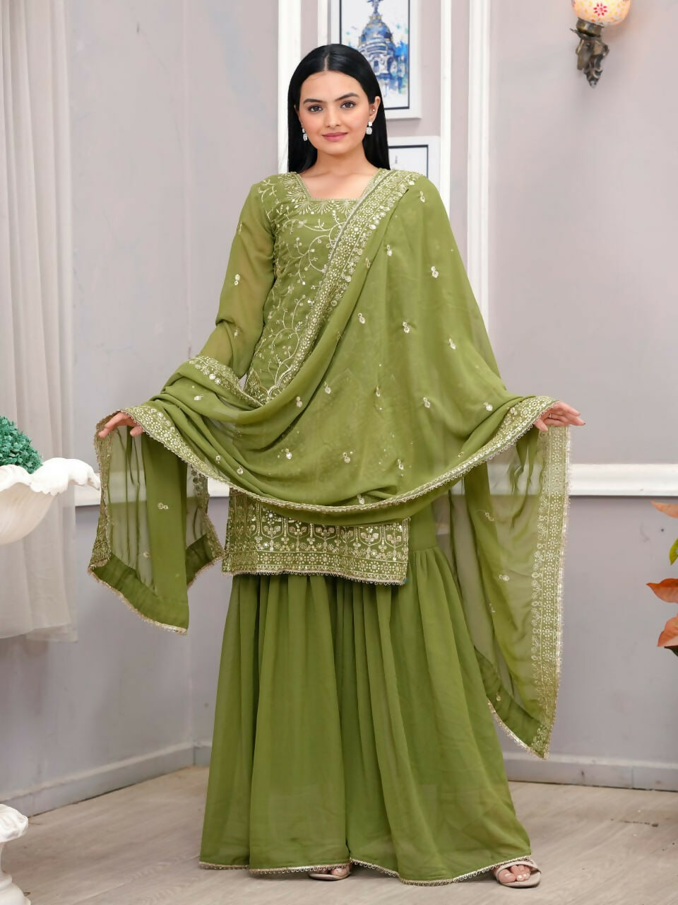 Teeya Creation Mehendi Green Faux Georgette Embroidery Work Sharara Set | Grocsy