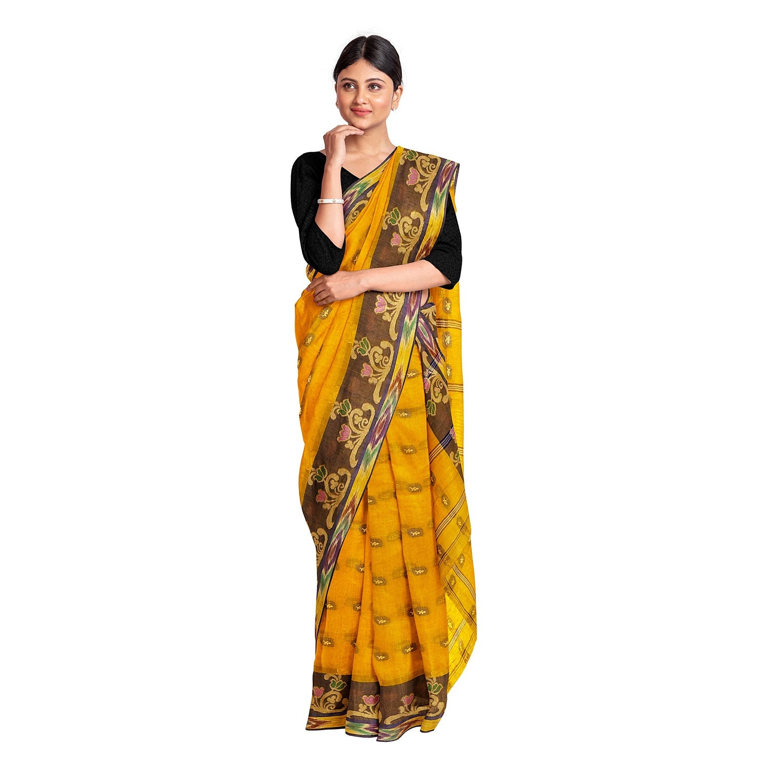 Exclusive Collection 100% Pure Cotton Golden Yellow Tant Saree With Hand Weaving Work | Grocsy