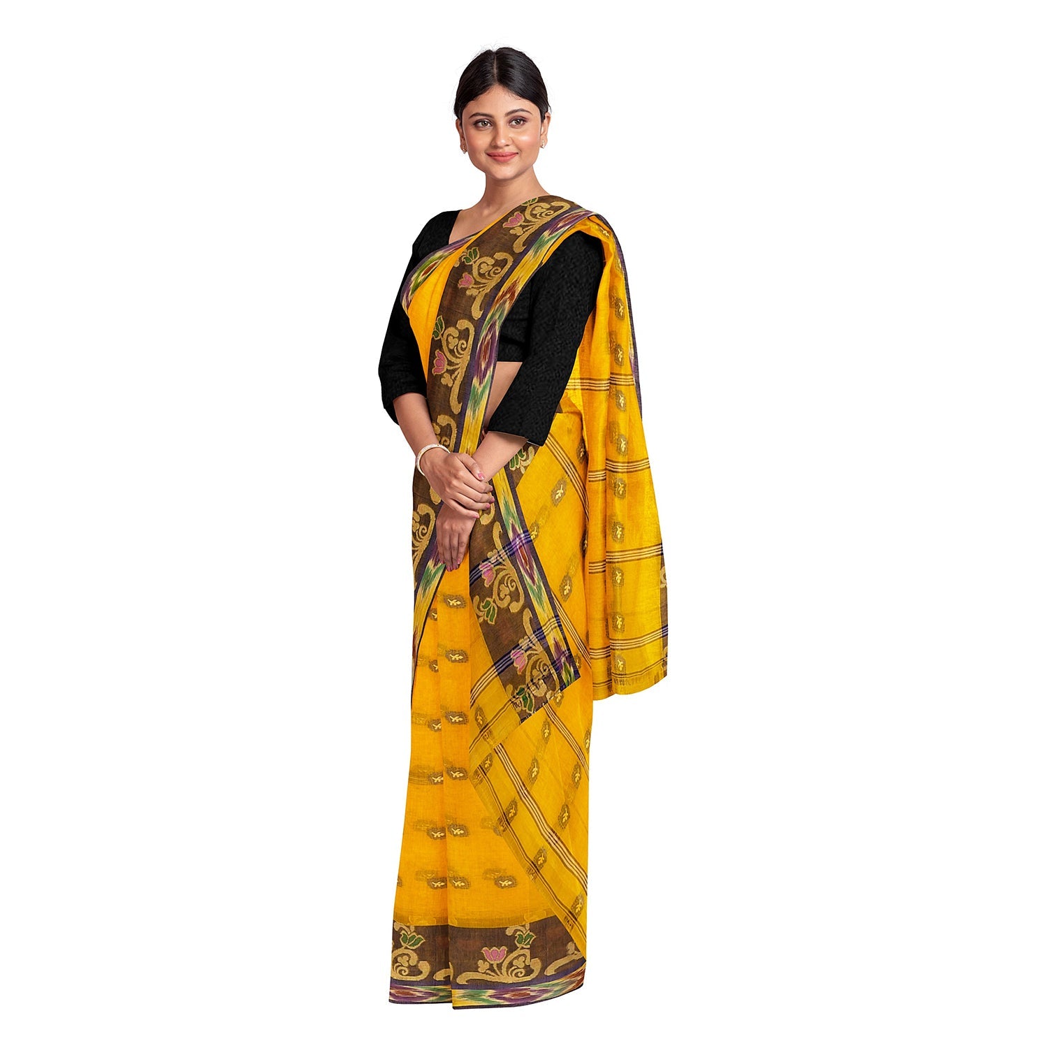 Exclusive Collection 100% Pure Cotton Golden Yellow Tant Saree With Hand Weaving Work | Grocsy