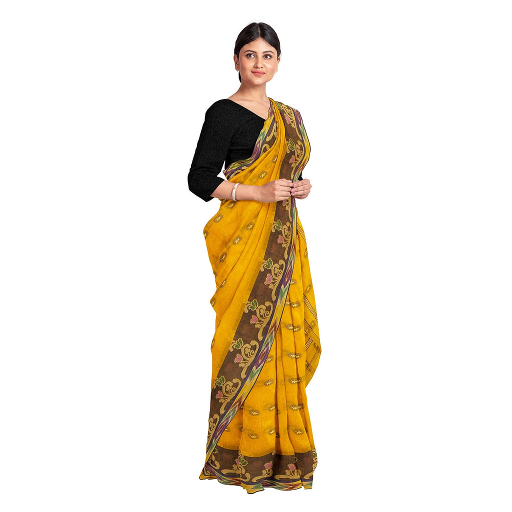 Exclusive Collection 100% Pure Cotton Golden Yellow Tant Saree With Hand Weaving Work | Grocsy