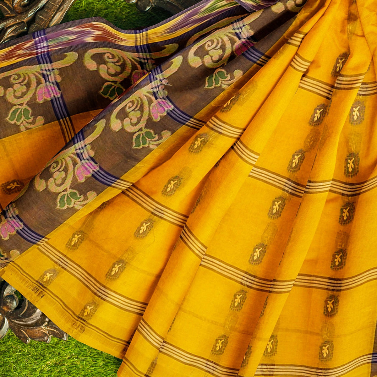 Exclusive Collection 100% Pure Cotton Golden Yellow Tant Saree With Hand Weaving Work | Grocsy