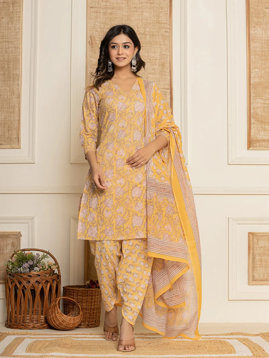 Yufta Yellow Floral Print Cotton Straight Style Kurta And Dhoti Pants With Dupatta Set | Grocsy
