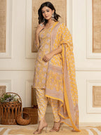 Yufta Yellow Floral Print Cotton Straight Style Kurta And Dhoti Pants With Dupatta Set | Grocsy