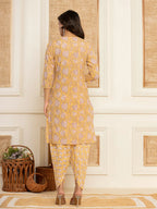 Yufta Yellow Floral Print Cotton Straight Style Kurta And Dhoti Pants With Dupatta Set | Grocsy
