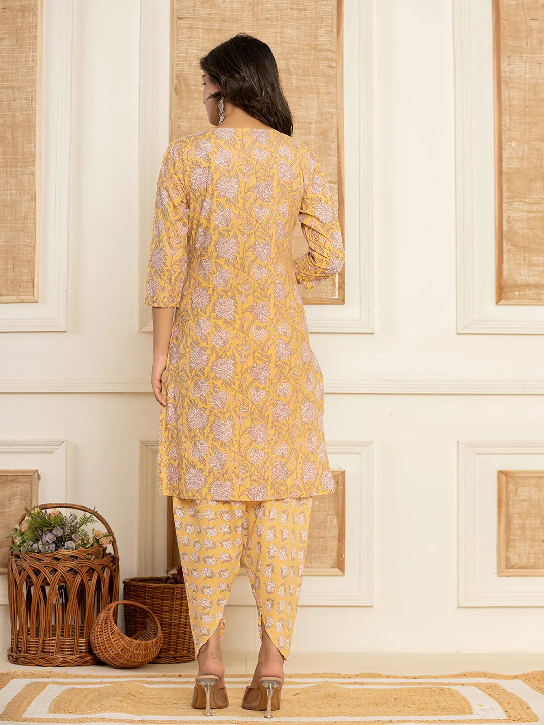 Yufta Yellow Floral Print Cotton Straight Style Kurta And Dhoti Pants With Dupatta Set | Grocsy
