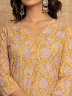 Yufta Yellow Floral Print Cotton Straight Style Kurta And Dhoti Pants With Dupatta Set | Grocsy