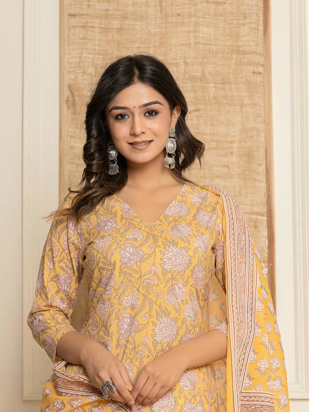 Yufta Yellow Floral Print Cotton Straight Style Kurta And Dhoti Pants With Dupatta Set | Grocsy