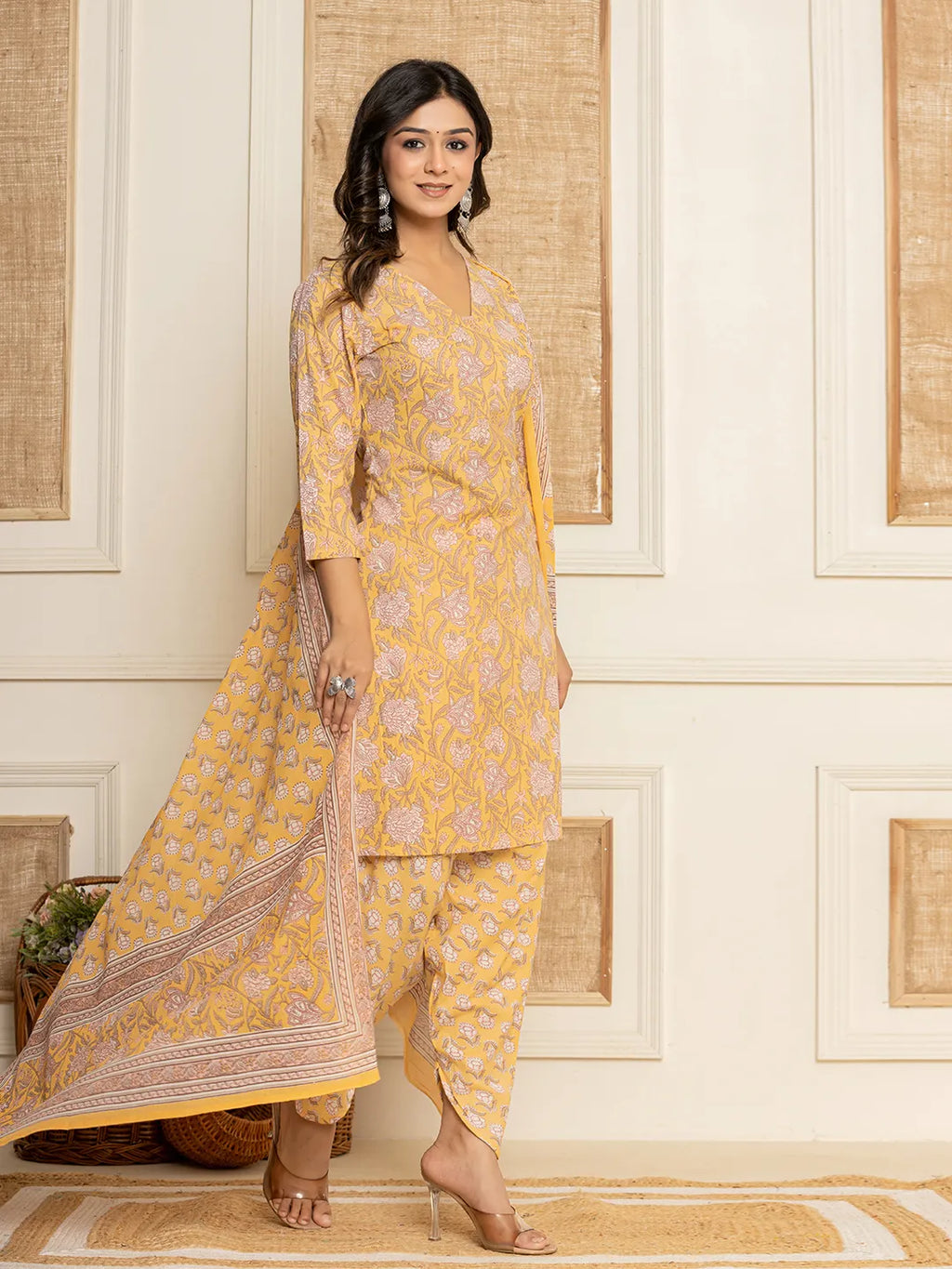 Yufta Yellow Floral Print Cotton Straight Style Kurta And Dhoti Pants With Dupatta Set | Grocsy