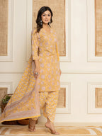 Yufta Yellow Floral Print Cotton Straight Style Kurta And Dhoti Pants With Dupatta Set | Grocsy