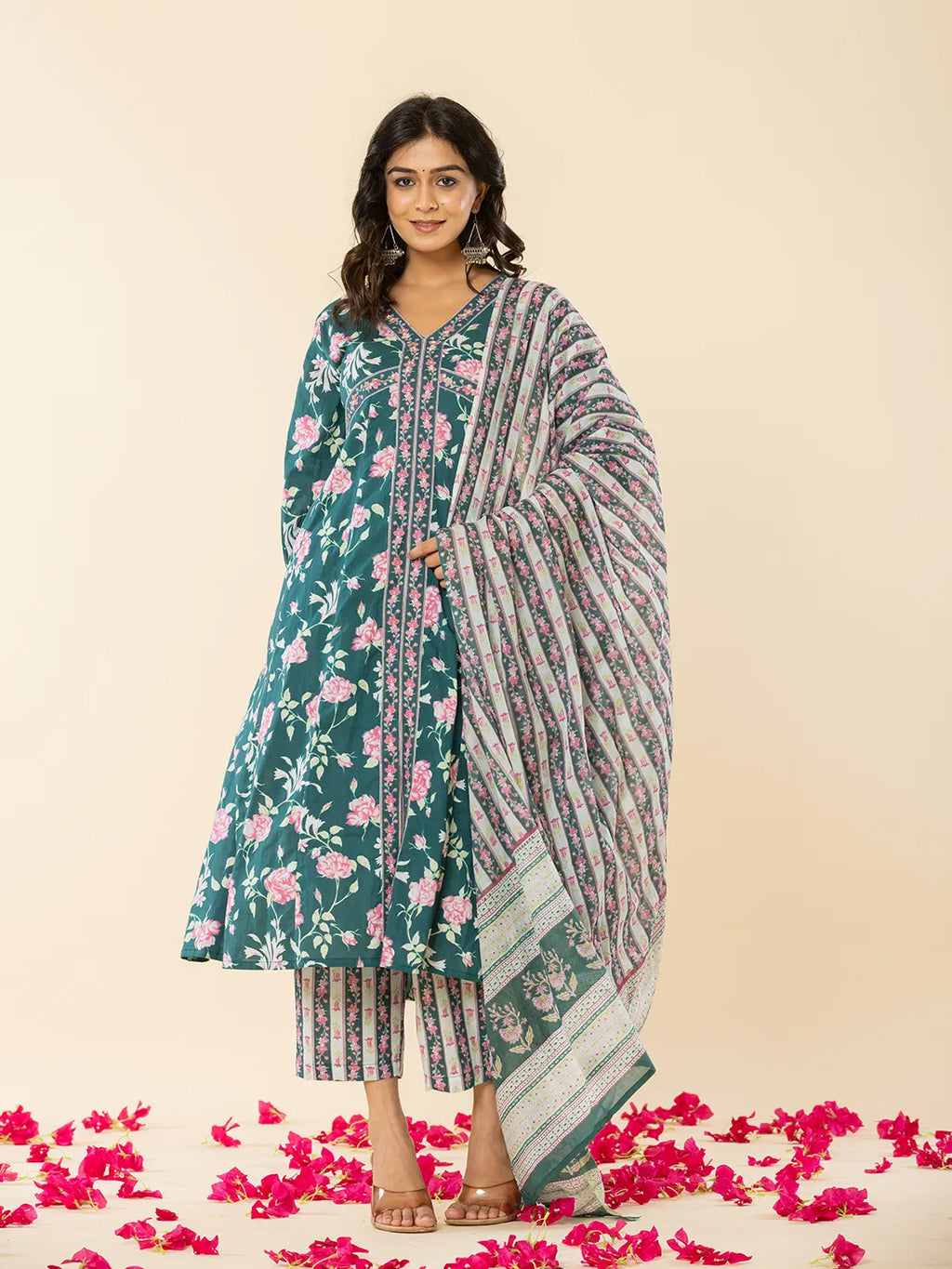 Yufta Cotton Green Sequins_Work Anarkali Kurta Dupatta Set | Grocsy