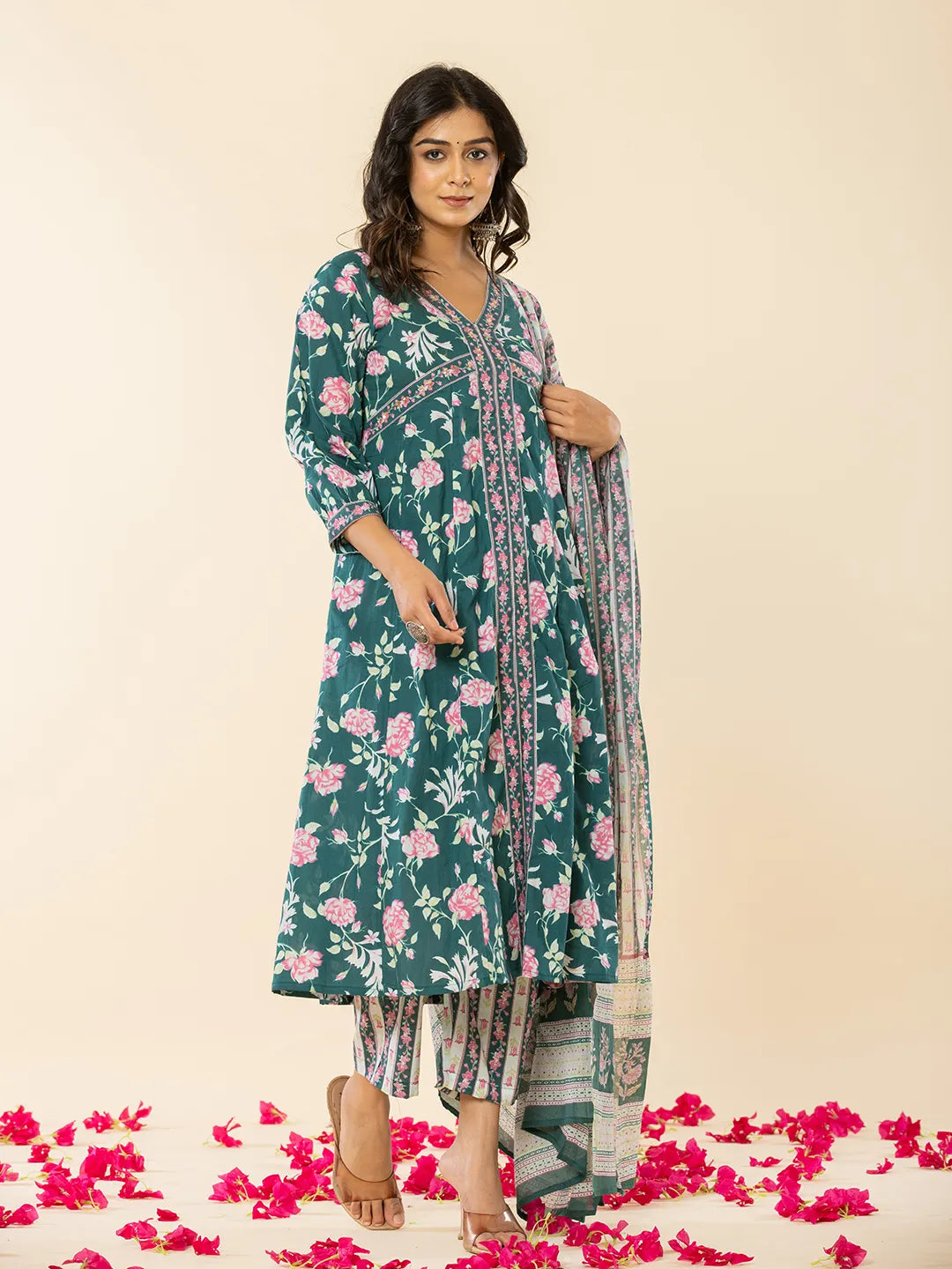 Yufta Cotton Green Sequins_Work Anarkali Kurta Dupatta Set | Grocsy