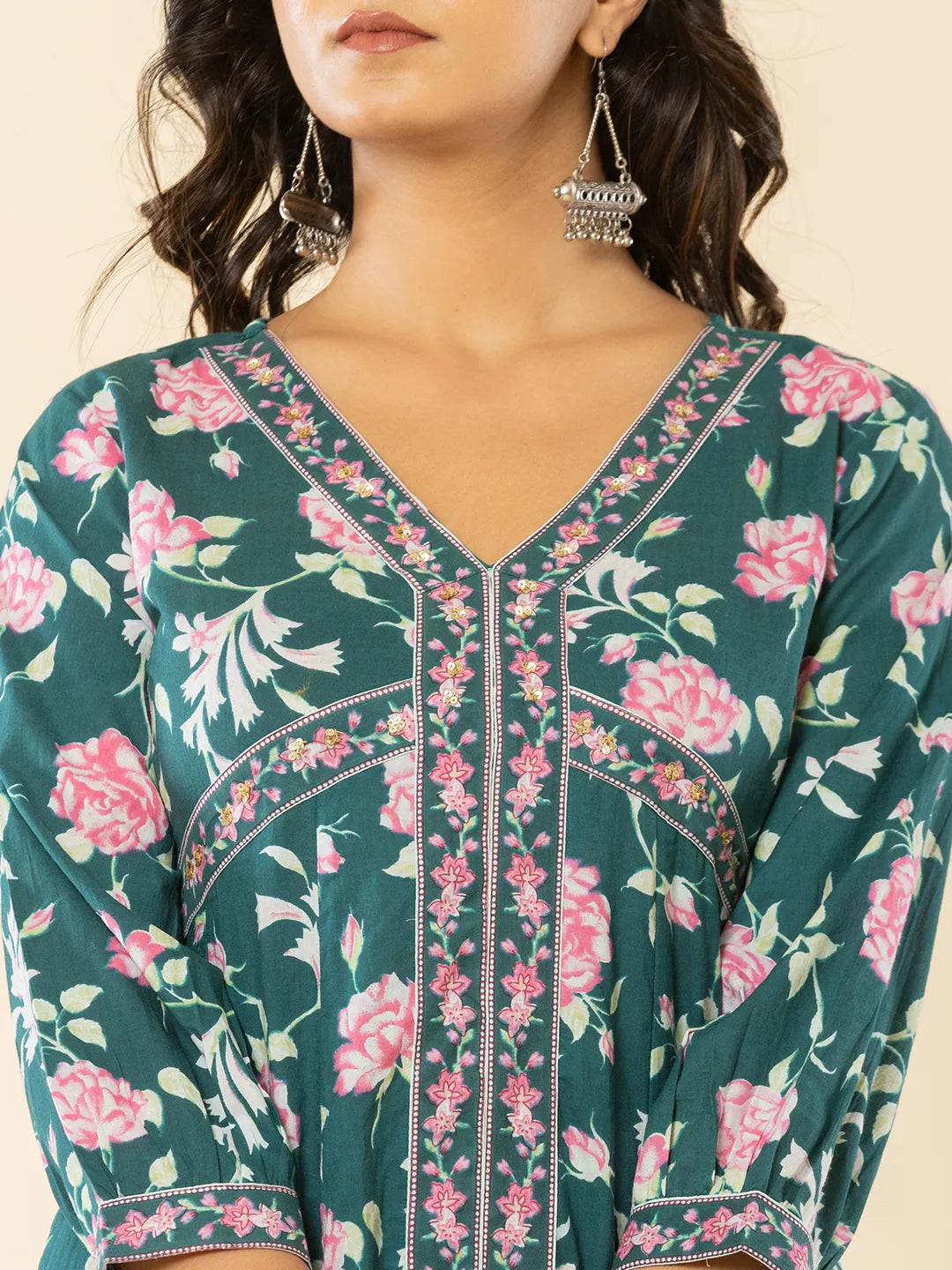 Yufta Cotton Green Sequins_Work Anarkali Kurta Dupatta Set | Grocsy