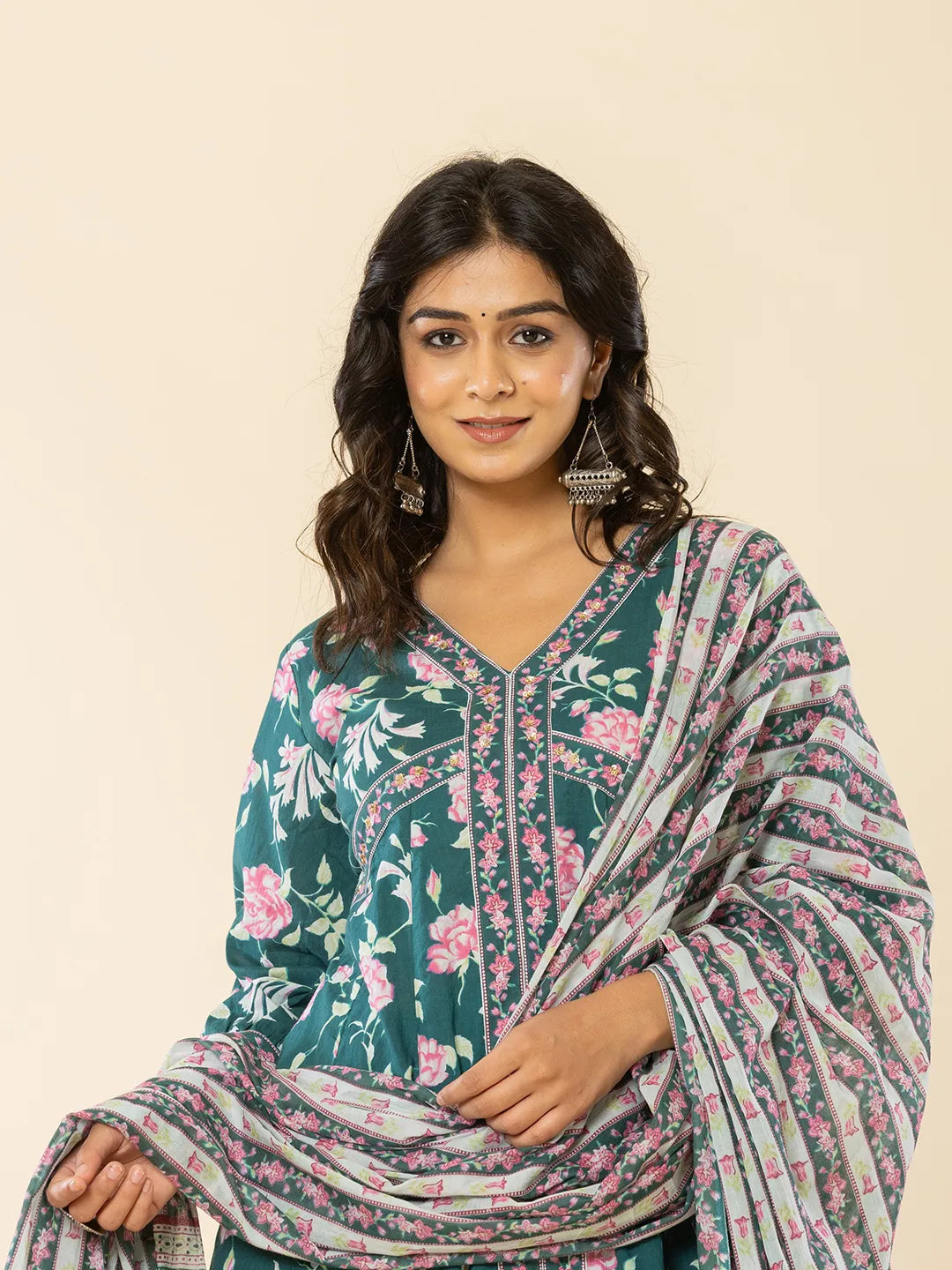 Yufta Cotton Green Sequins_Work Anarkali Kurta Dupatta Set | Grocsy