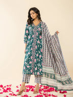 Yufta Cotton Green Sequins_Work Anarkali Kurta Dupatta Set | Grocsy