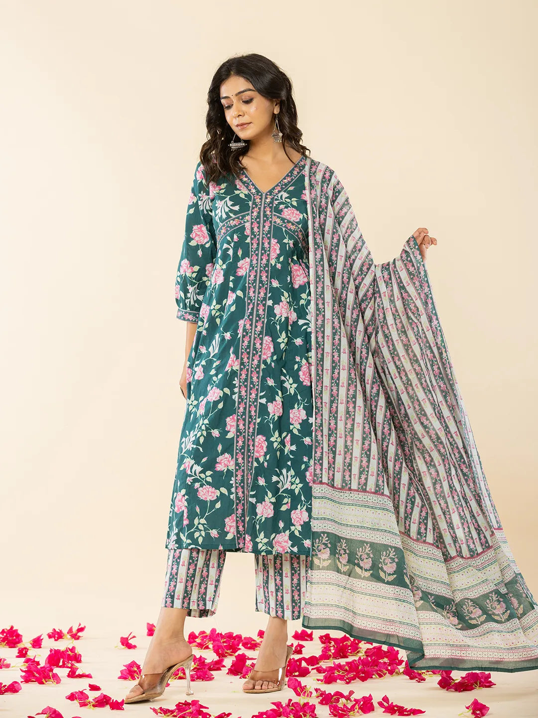 Yufta Cotton Green Sequins_Work Anarkali Kurta Dupatta Set | Grocsy