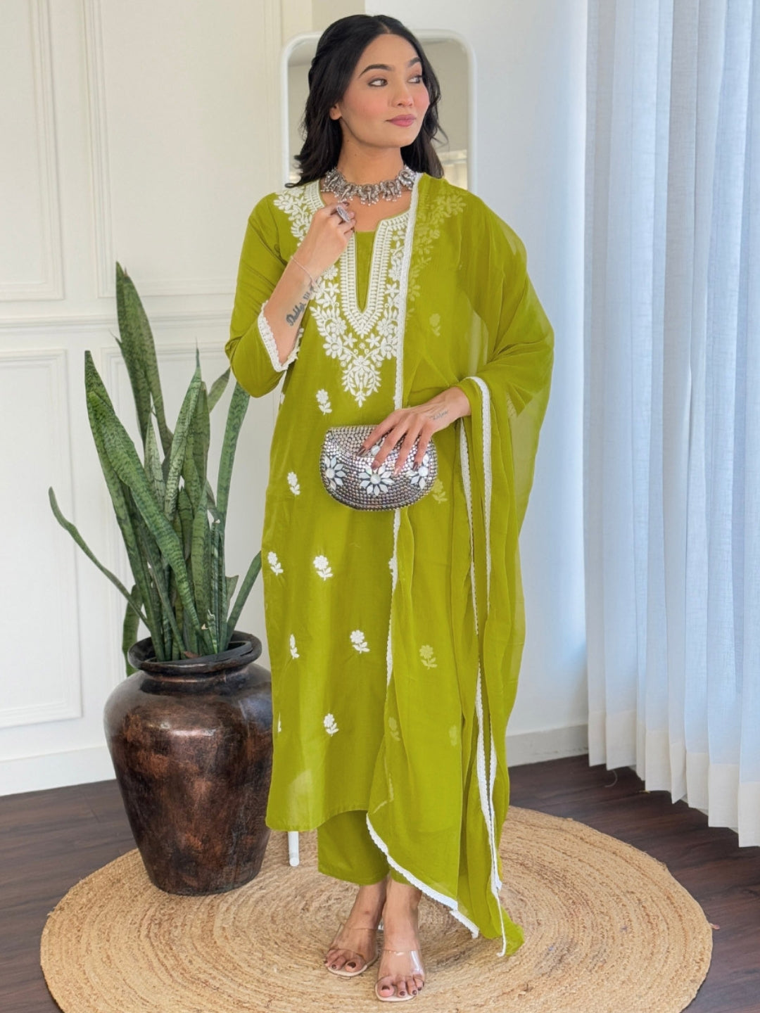 The52 Chikankari Work with Pure Cotton Fabric Straight Kurta, Pant and Dupatta Set | Grocsy