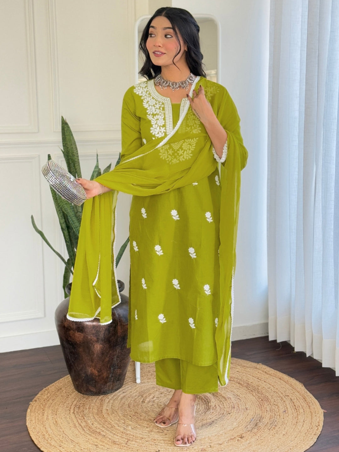 The52 Chikankari Work with Pure Cotton Fabric Straight Kurta, Pant and Dupatta Set | Grocsy