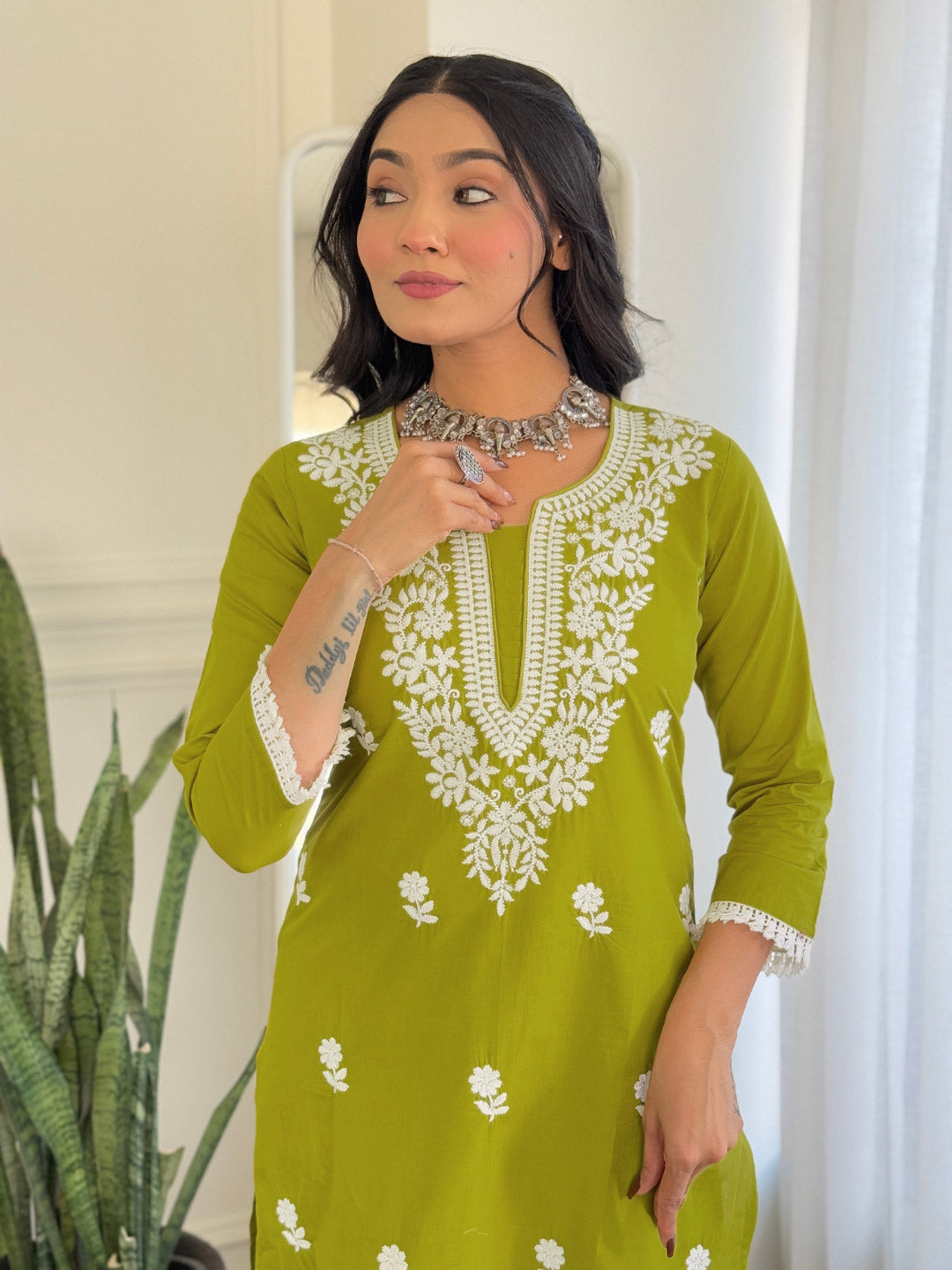 The52 Chikankari Work with Pure Cotton Fabric Straight Kurta, Pant and Dupatta Set | Grocsy