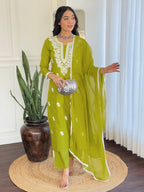 The52 Chikankari Work with Pure Cotton Fabric Straight Kurta, Pant and Dupatta Set | Grocsy