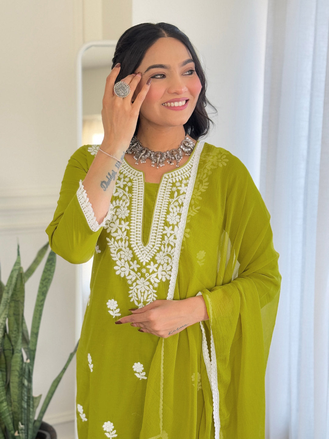 The52 Chikankari Work with Pure Cotton Fabric Straight Kurta, Pant and Dupatta Set | Grocsy