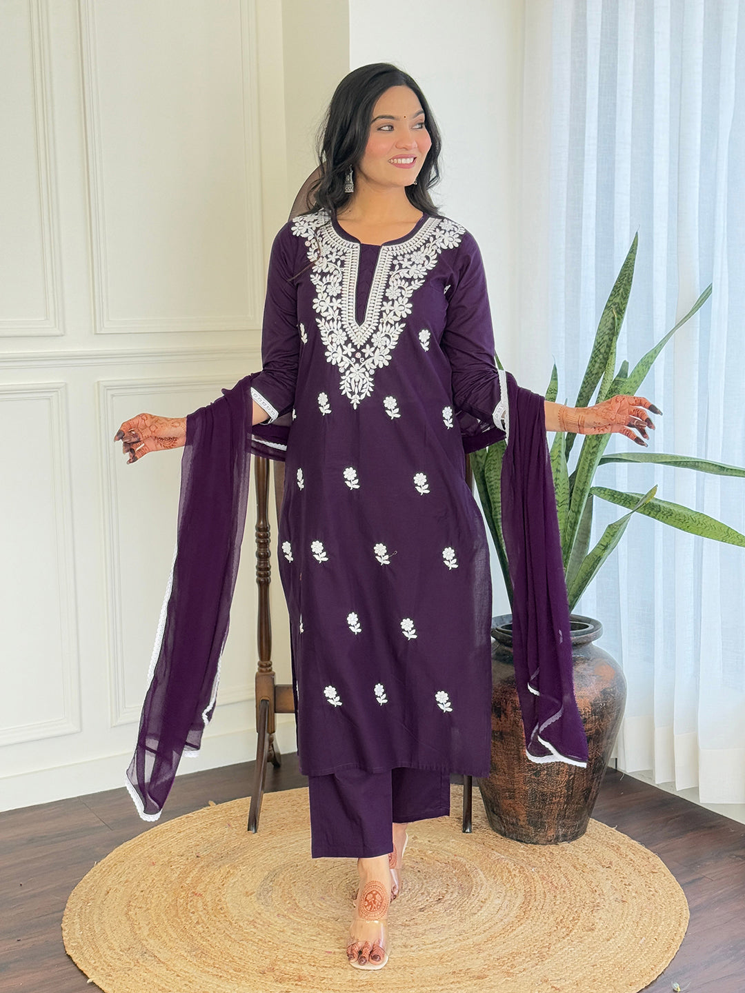 The52 Chikankari Work with Pure Cotton Fabric Straight Kurta, Pant and Dupatta Set | Grocsy