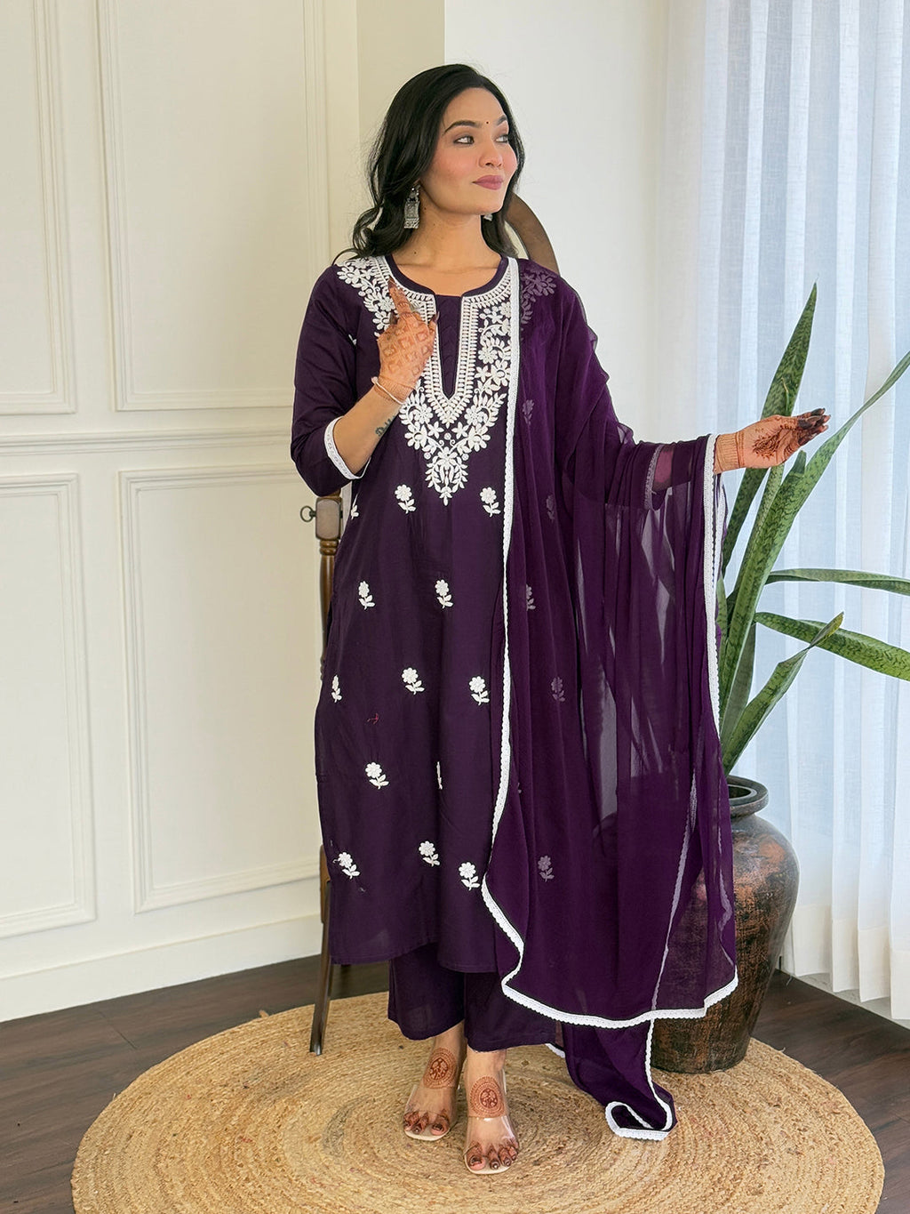 The52 Chikankari Work with Pure Cotton Fabric Straight Kurta, Pant and Dupatta Set | Grocsy