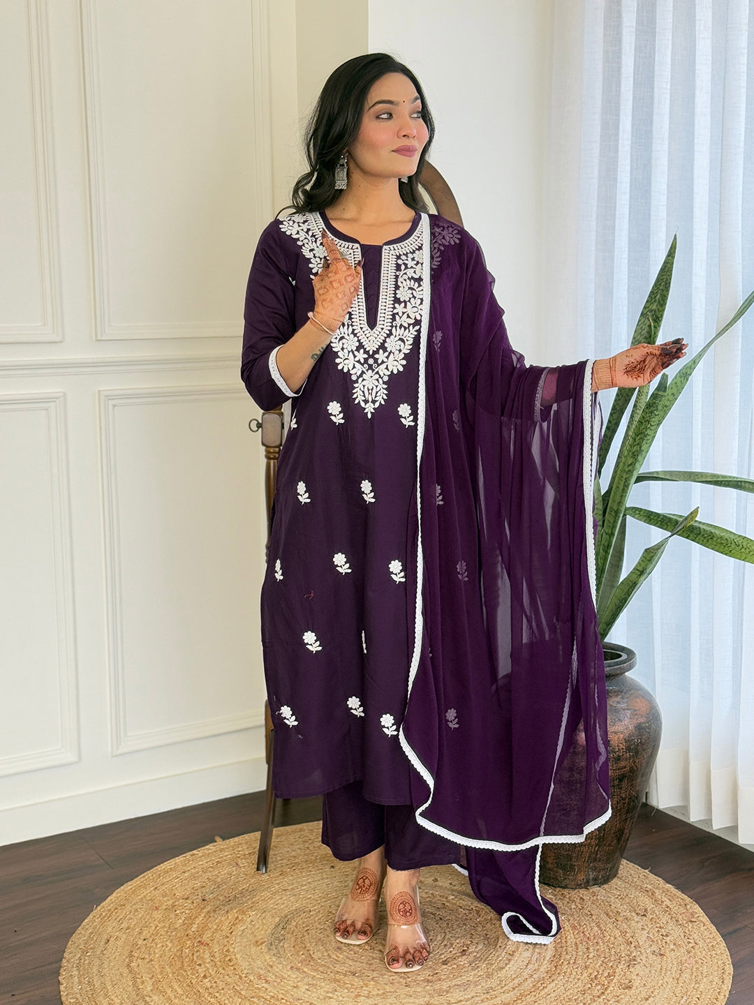 The52 Chikankari Work with Pure Cotton Fabric Straight Kurta, Pant and Dupatta Set | Grocsy