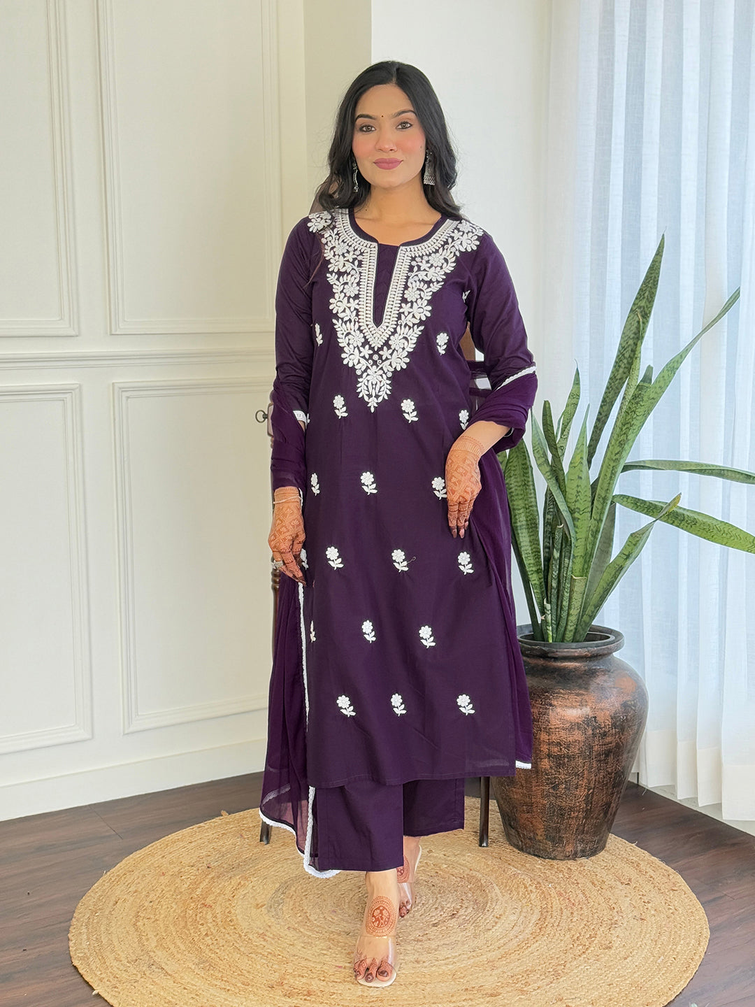 The52 Chikankari Work with Pure Cotton Fabric Straight Kurta, Pant and Dupatta Set | Grocsy