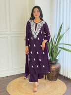 The52 Chikankari Work with Pure Cotton Fabric Straight Kurta, Pant and Dupatta Set | Grocsy