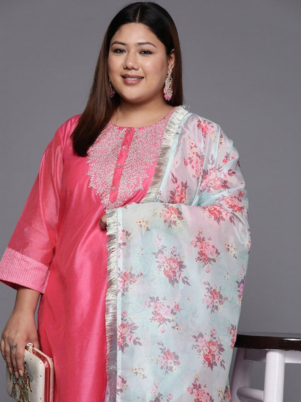 Sztori Plus Size Ethnic Yoke Design Regular Chanderi Silk Kurta & Trousers With Dupatta | Grocsy