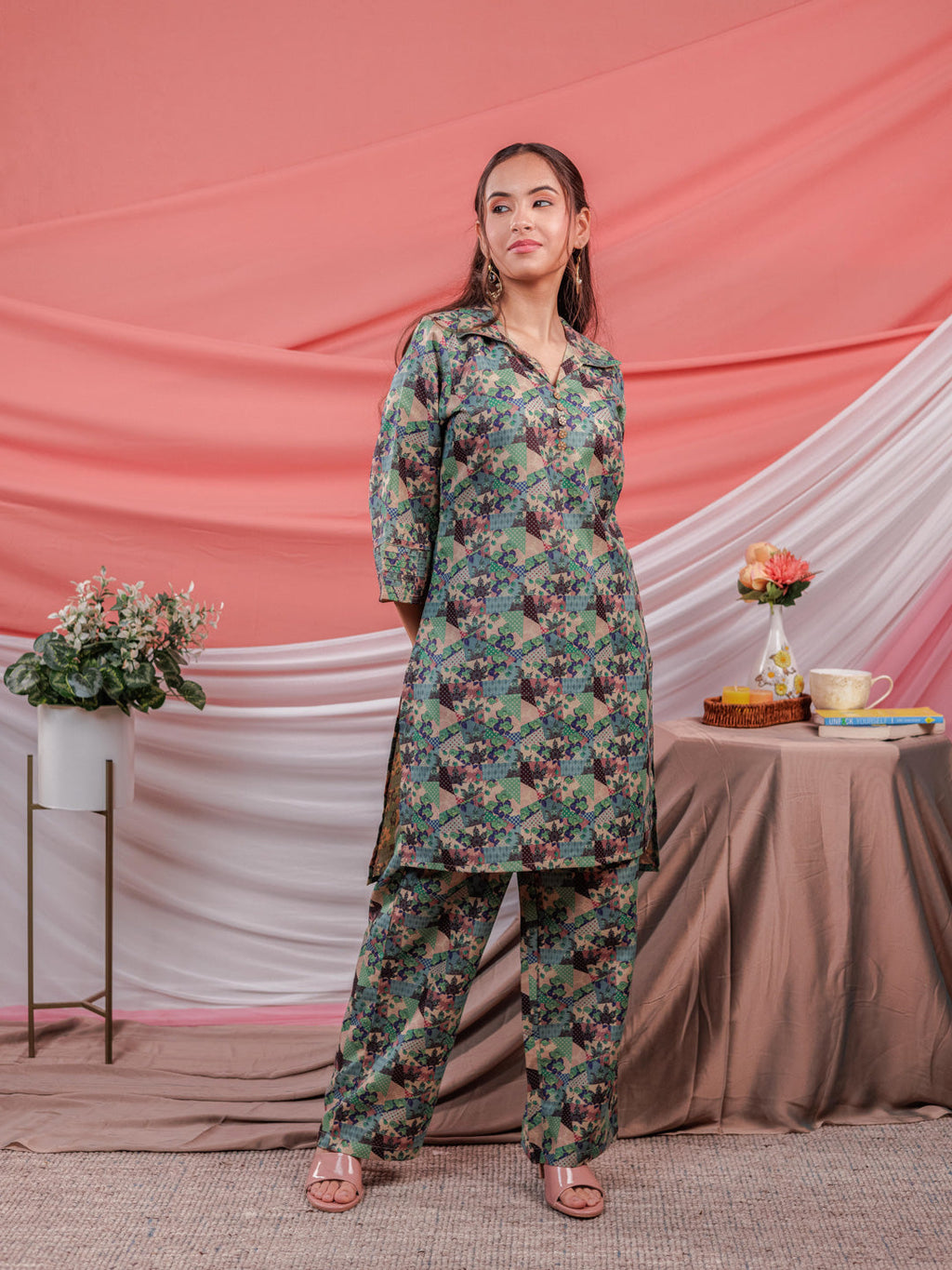 Yufta Cotton Digital Printed Blue Workwear Kurta Co Ord Set With Pintuck Detailing | Grocsy