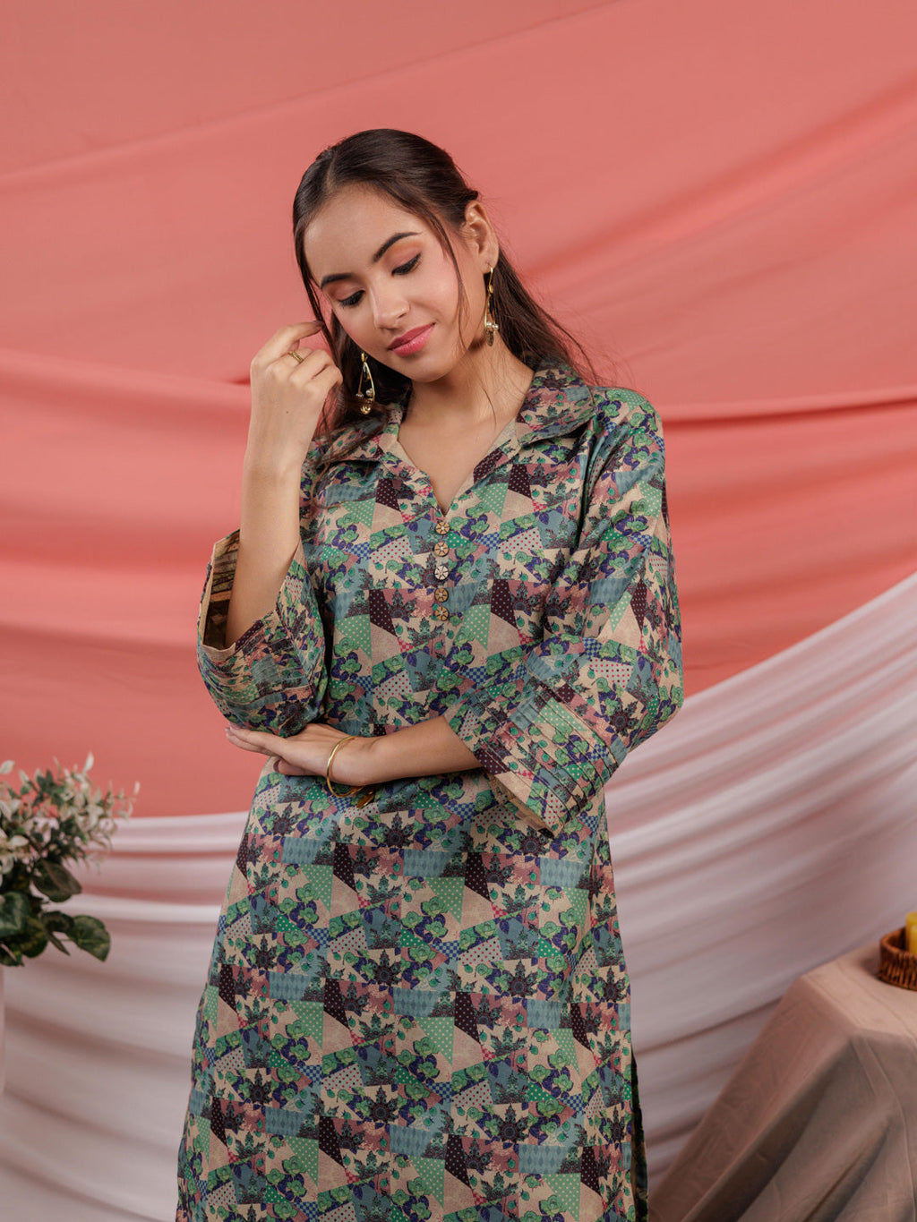 Yufta Cotton Digital Printed Blue Workwear Kurta Co Ord Set With Pintuck Detailing | Grocsy