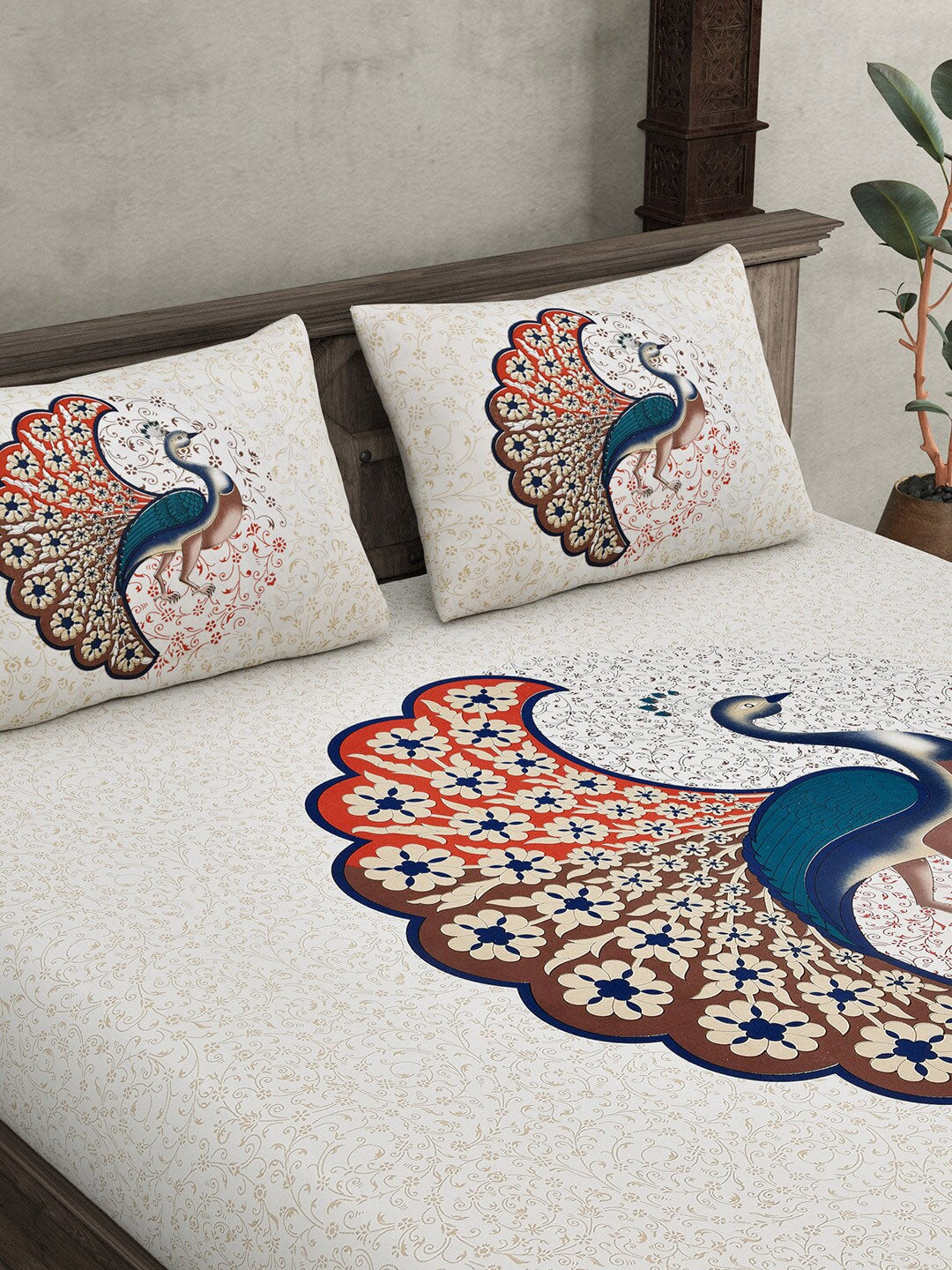 JAIPUR FABRIC Off White & Red Printed 240 TC Cotton King Bedsheet with 2 Pillow Covers | Grocsy